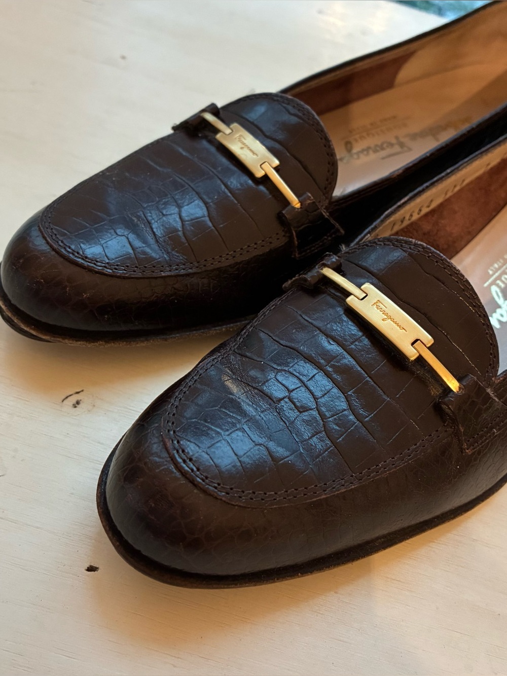 Salvatore Ferragamo Dark Brown Croc-Embossed Leather Loafers with Gold Hardware